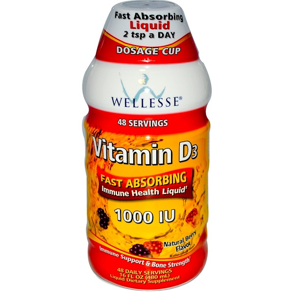 Wellesse Premium Liquid Supplements, Витамин D3, натуральный кус вишни, 1000 МЕ, 16 жидких унций (480 мл)