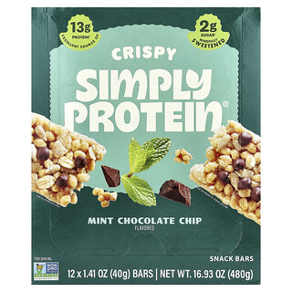 Simply Protein, Crispy Snack Bars, knusprige Snackriegel, Minz-Schokoladenchips, 12 Riegel, je 40 g (1,41 oz.).