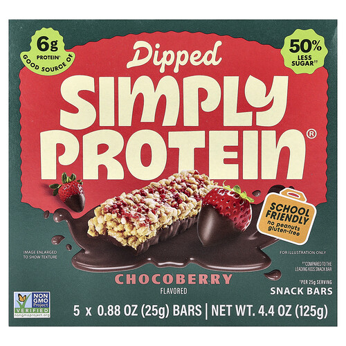 Simply Protein Dipped Snack Bars, Chocoberry, 5 Bars, 0.88 oz (25 g) Each