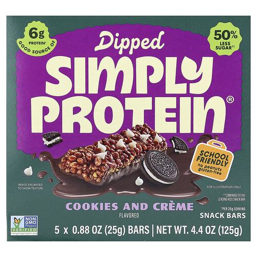 Simply Protein, Dipped Snack Bars, Cookies & Creme, 5 Bars, 0.88 oz (25 g) Each