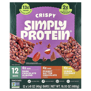 Simply Protein, Crispy Snack Bars, knusprige Snackriegel, Kombipackung, 12 Riegel, je 40 g (1,41 oz.).