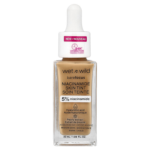 Wet N Wild Barefocus, Niacinamide Skin Tint, 1116321 Amber Beige, 1.08 fl oz (32 ml)