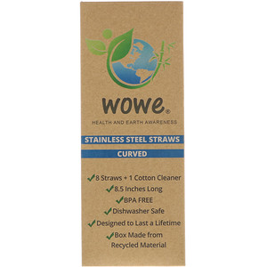 Отзывы о Wowe, Stainless Steel Straws, Curved, 8 Straws + 1 Cotton Cleaner