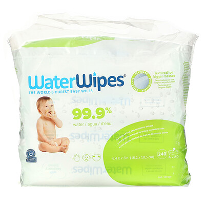 WaterWipes Текстурированные детские салфетки, 4 упаковки, по 60 салфеток в каждой
