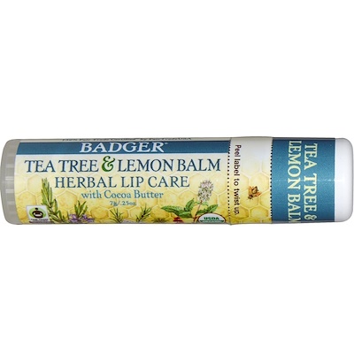 Badger Company Tea Tree & Lemon Balm Herbal Lip Care with Cocoa Butter, .25 oz (7 g)