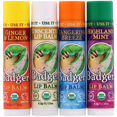 Badger Company органические классические карандаши-бальзамы для губ, синяя коробка, 4 карандаша-бальзама, 4,2 г (0,15 унции) каждый