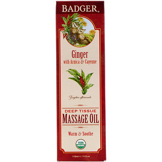 Badger Company, Organic, Deep Tissue Massage Oil, Ginger with Arnica & Cayenne, 4 fl oz (118 ml)