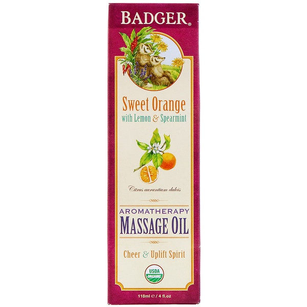 Badger Company Organic Aromatherapy Massage Oil Sweet Orange With Lemon And Spearmint 4 Fl Oz