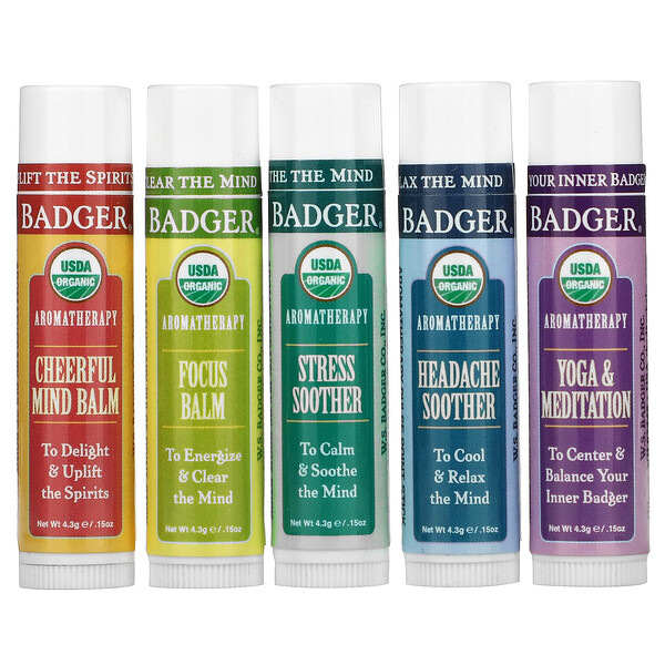 Badger Company‏, Organic, Aromatherapy Travel Kit, 5 Pack, .15 oz (4.3 g) Each