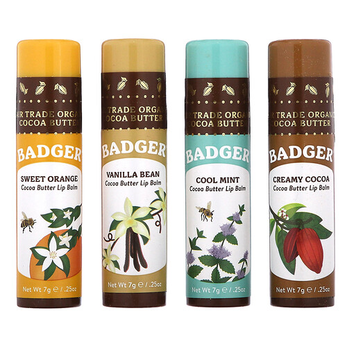 Badger Organic набор бальзамов для губ с маслом какао 4 упаковки по 7 г (0 25 унции)