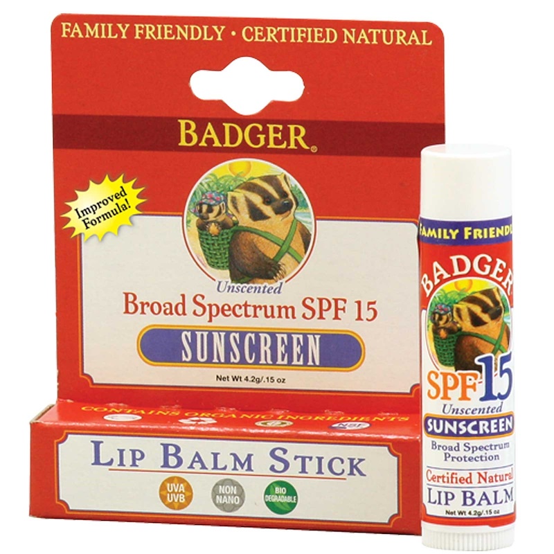 Badger Company, Sunscreen Lip Balm Stick, SPF 15, Unscented, .15 oz (4.