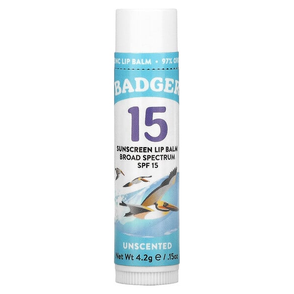 Badger Company‏, Sunscreen Lip Balm, SPF 15, Unscented, 0.15 oz (4.2 g)