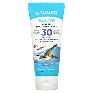 Badger Company, Active, Mineral Sunscreen Cream, SPF 30, Unscented, 2.9 fl oz (87 ml)