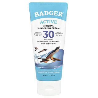 Badger, Aktif, Krim Pelindung Matahari Mineral, SPF 30, Tidak Berbau, 2.9 fl oz (87 ml)