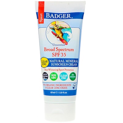

Badger Company Спорт, натуральный минеральный солнцезащитный крем, прозрачный цинк, фактор защиты SPF 35, без запаха, 87 мл