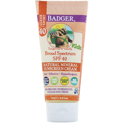 Купить Badger Company Clear Sport, для детей, натуральный минеральный солнцезащитный крем, фактор защиты от солнца 40, мандарин и ваниль, 2, 9 жидкой унции (87 мл)