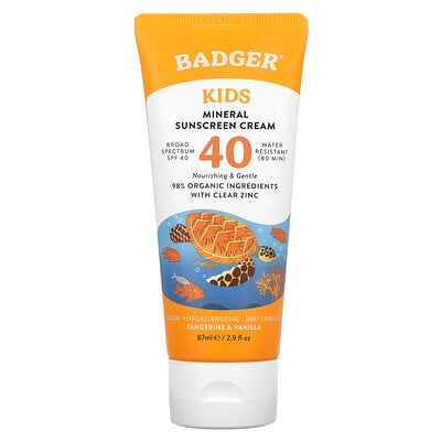 Badger Company Clear Sport, для детей, натуральный минеральный солнцезащитный крем, солнцезащитный фактор SPF 40, мандарин и ваниль, 87 мл (2,9 жидк. унции)