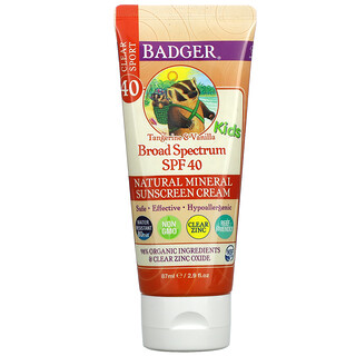 Badger Company, Clear Sport, Kids, Natural Mineral Sunscreen Cream, SPF 40, Tangerine & Vanilla, 2.9 fl oz (87 ml)