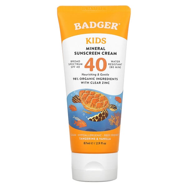 Badger Company‏, Clear Sport، للأطفال، كريم الوقاية من الشمس بالمعادن الطبيعية، معامل الحماية 40، اليوسفي والفانيليا، 2.9 أوقية سائلة، (87 مل)