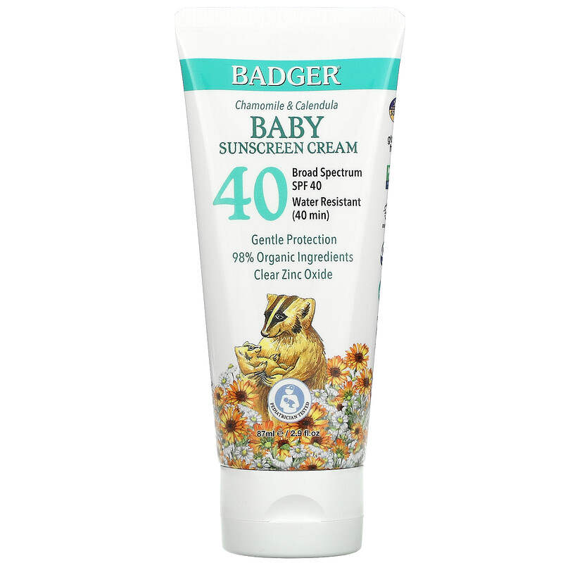 Badger Company, Baby Sunscreen Cream, SPF 40, Chamomile & Calendula, 2.