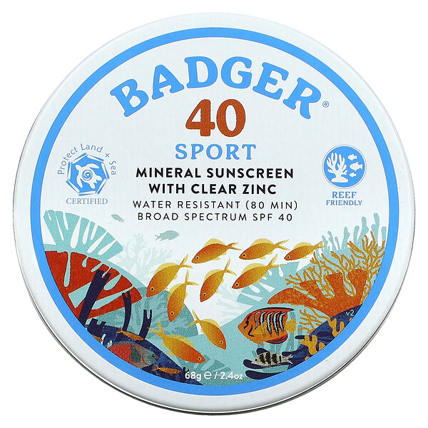 Badger Company‏, Sport Mineral Sunscreen with Clear Zinc, SPF 40, Unscented, 2.4 oz (68 g)