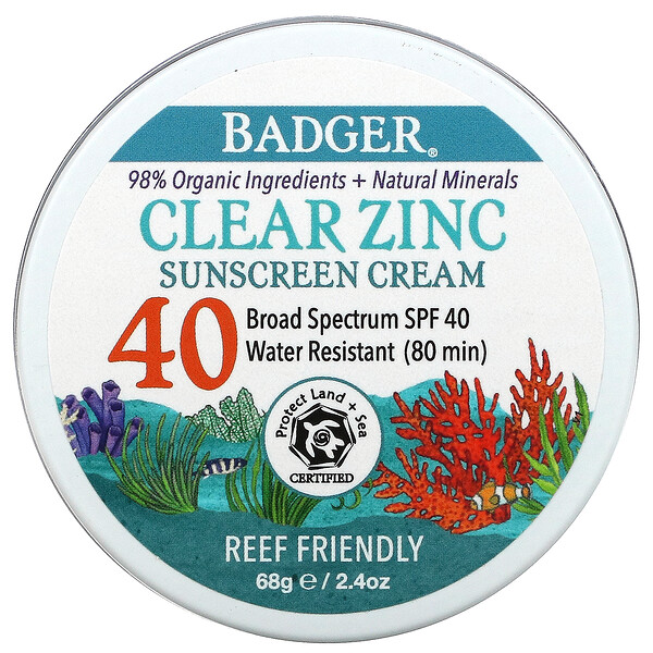 Badger Company‏, Clear Zinc Sunscreen Cream, SPF40, Unscented, 2.4 oz (68 g)