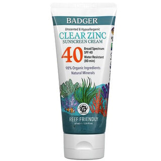 Badger Company, Clear Zinc Sunscreen Cream, SPF40, Unscneted & Hypoallergenic, 2.9 fl oz (87 ml)
