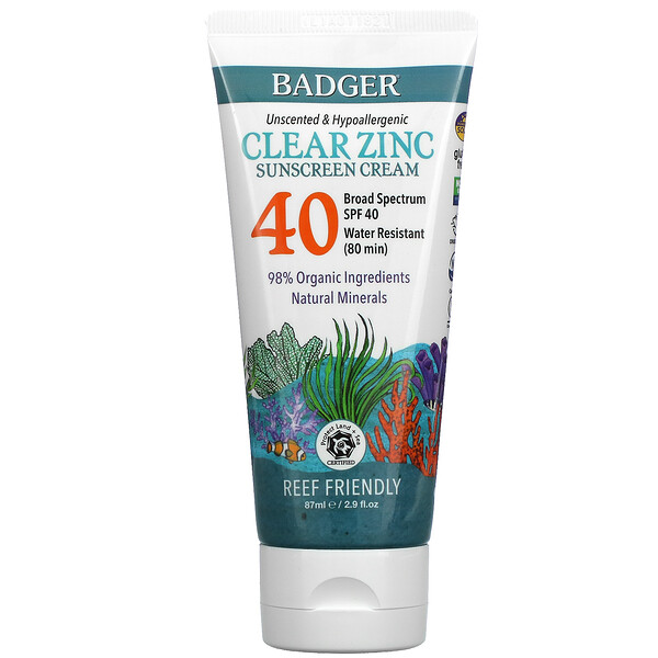Badger Company‏, Clear Zinc Sunscreen Cream, SPF40, Unscented, 2.9 fl oz (87 ml)