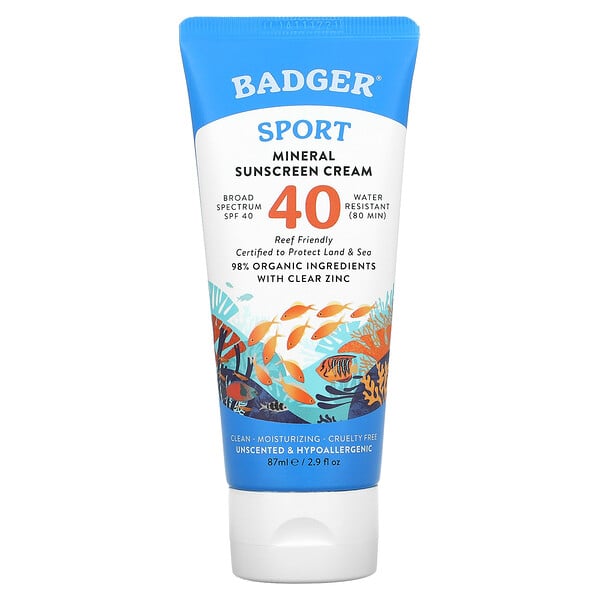 Badger Company, Sport, Mineral Sunscreen Cream, SPF 40, Unscented, 2.9 fl oz (87 ml)