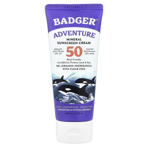 Badger Adventure, Mineral Sunscreen Cream, SPF 50, Unscented, 2.9 fl oz (87 ml)