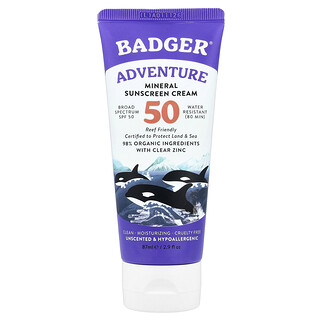Badger, 冒險，礦物質抗曬霜，SPF 50，無香型，2.9 液量盎司（87 毫升）