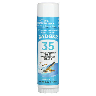 Badger Company, Active Sunscreen Stick, SPF 35, Unscented, .65 oz (18.4 g)