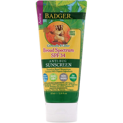 Badger Company Anti-Bug Sunscreen, SPF 34 PA+++, Citronella & Cedar, 2.9 fl oz (87 ml)