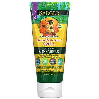 Badger Company, Anti-Bug Sunscreen, SPF 34, Citronella & Cedar, 2.9 fl oz (87 ml)