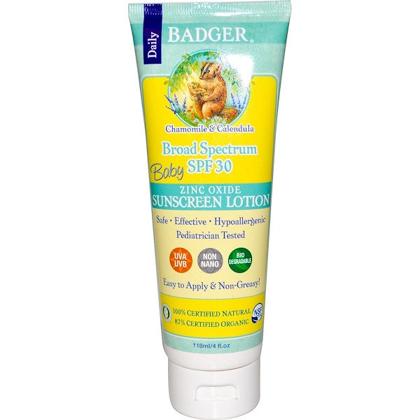 Badger Company, Daily Baby, Zinc Oxide Sunscreen Lotion, SPF 30, Chamomile & Calendula, 4 fl oz