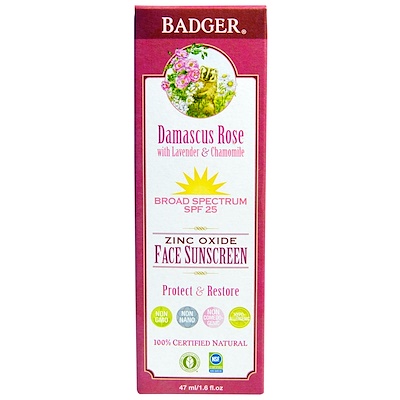 Badger Company 氧化鋅面部防曬霜,防曬係數25,大馬士革玫瑰,1.6液量盎司(47毫升)