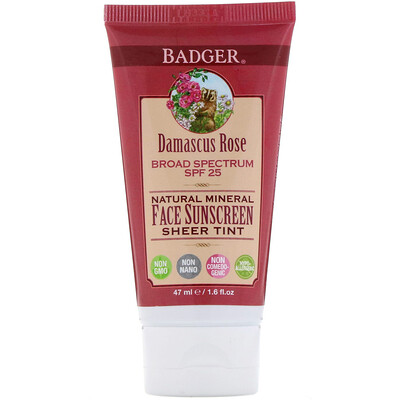 Badger Company Natural Mineral Face Sunscreen, Sheer Tint, SPF 25, Damascus Rose, 1.6 fl oz (47 ml)