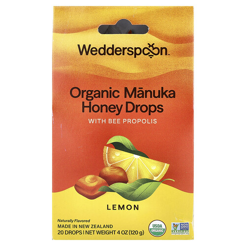 Wedderspoon Organic Manuka Honey Drops with Bee Propolis, Lemon, 20 Drops, 4 oz (120 g)
