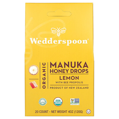 Wedderspoon  Organic Manuka Honey Drops  Lemon With Bee Propolis  20 Count  4 oz (120 g)