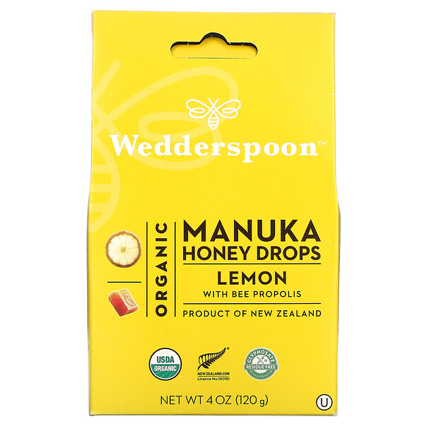 Wedderspoon‏, Manuka Honey, טיפות דבש מאנוקה אורגני, לימון עם פרופוליס דבורים, 120 גרם (4 אונקיות)