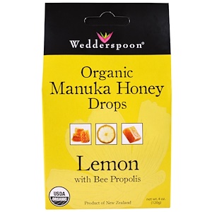 Wedderspoon, Органические леденцы с медом манука, лимон с прополисом, 4 унции (120 г)