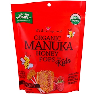 Wedderspoon, Organic Manuka Honey Pops For Kids, Raspberry, 24 Count, 4.15 oz