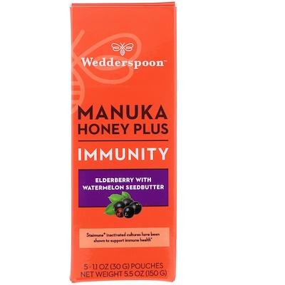 Wedderspoon 麥盧卡蜂蜜Plus,抵抗保健,接骨木,含西瓜籽醬,5袋,每袋1.1盎司(30克)