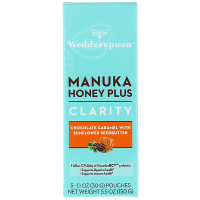 Wedderspoon Manuka Honey Plus, Clarity, Chocolate Caramel with Sunflower Seedbutter, 5 Pouches, 1.1 oz (30 g) Each