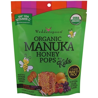 Wedderspoon, Organic Manuka Honey Pops For Kids, Orange, Grape & Raspberry, 24 Count, 4.15 oz