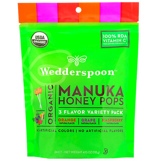 Wedderspoon, Органические леденцы с медом манука, ассорти из 3 вкусов, 24 леденца, 118 г (4,15 унции)