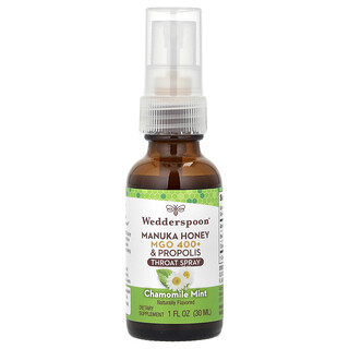 Wedderspoon, Miel de manuka y propóleo, Spray para la garganta, Manzanilla y menta, MGO +400, 30 ml (1 oz. líq.)