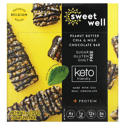 Sweetwell Плитка с арахисовым маслом чиа и молочным шоколадом протеин подходит для кетодиеты 10 батончиков по 32 г (1 1 унции)