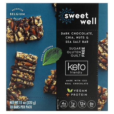 Sweetwell Keto Bar чиа орехи морская соль и темный шоколад 10 батончиков по 32 г (1 1 унции)