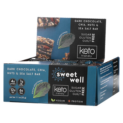 Sweetwell Keto Bar, чиа, орехи, морская соль и темный шоколад, 10 батончиков по 32 г (1,1 унции)
